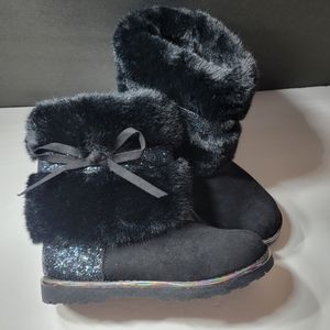 Black Faux Fur Lined Cara Boot Sparkle Trim Ribbon Accents Boots, kids 2